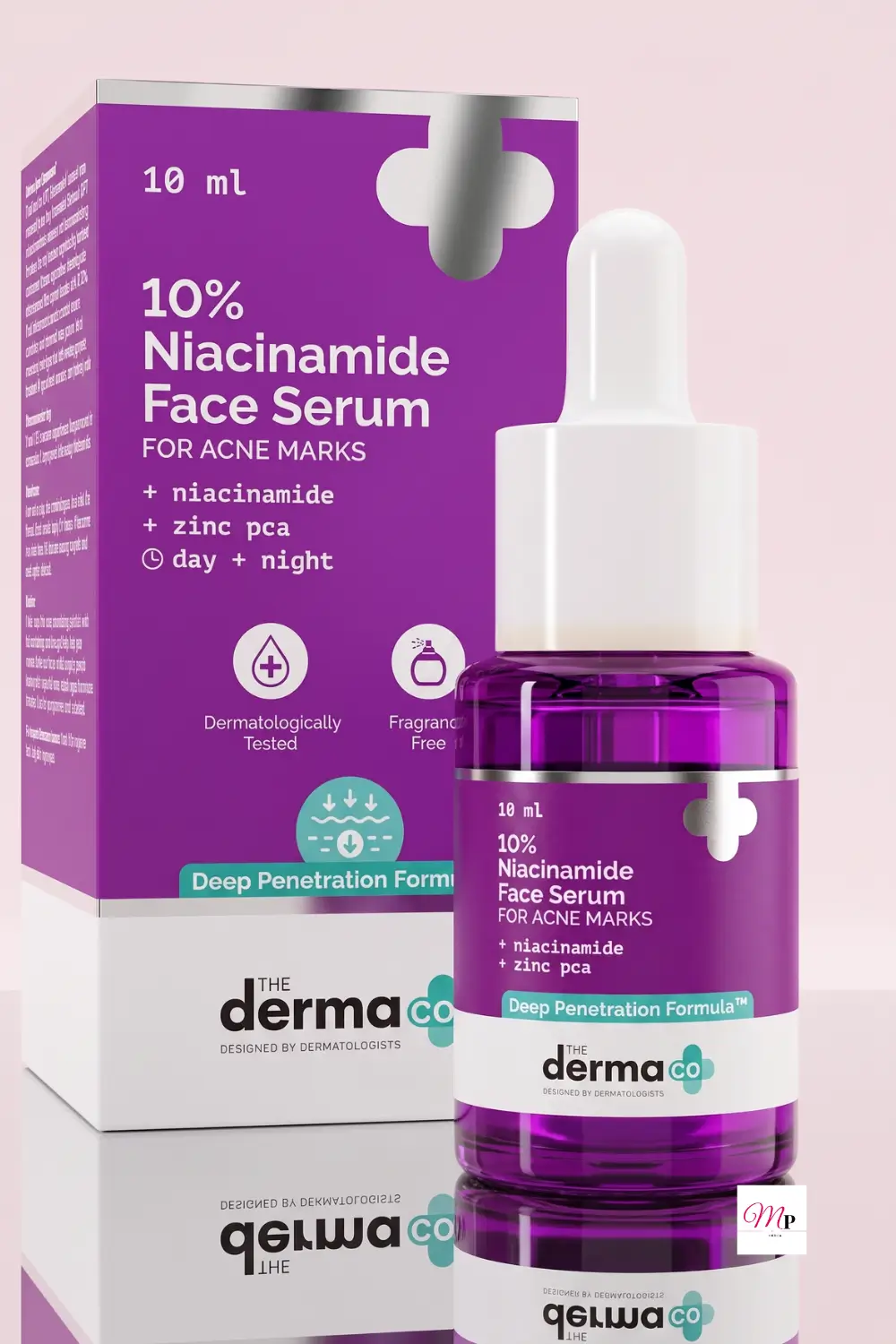 Close-up of The Derma Co 10% Niacinamide Serum bottle and purple box on reflective surface