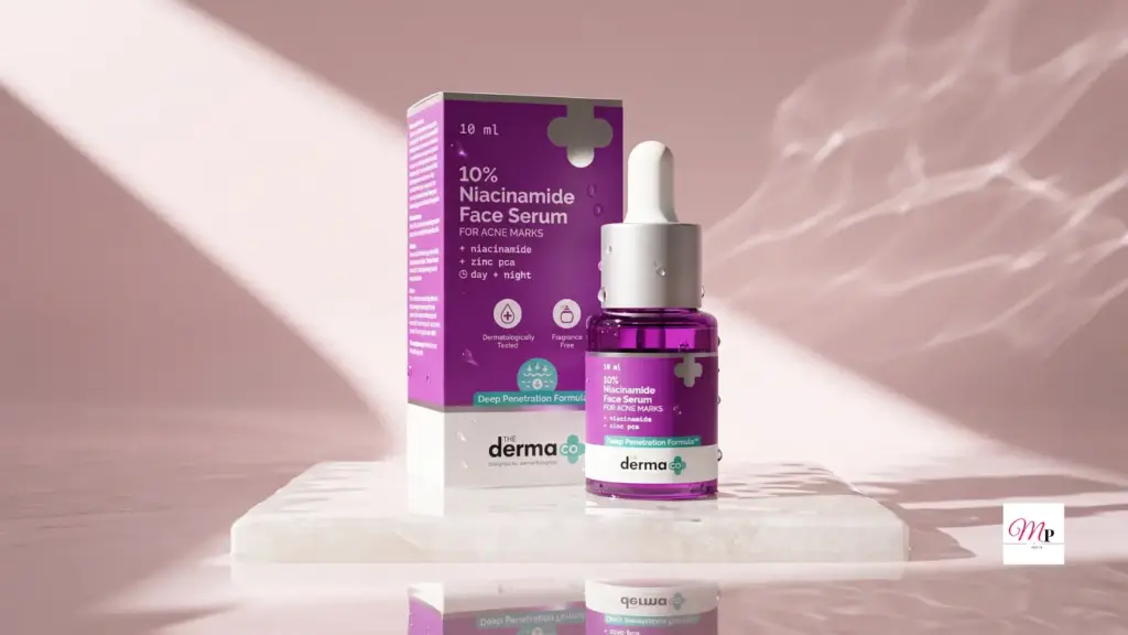 The Derma Co 10% Niacinamide Face Serum bottle and box on marble surface under soft pink light | The Derma Co 10% Niacinamide Face Serum ki bottle aur box marble surface par soft pink light mein