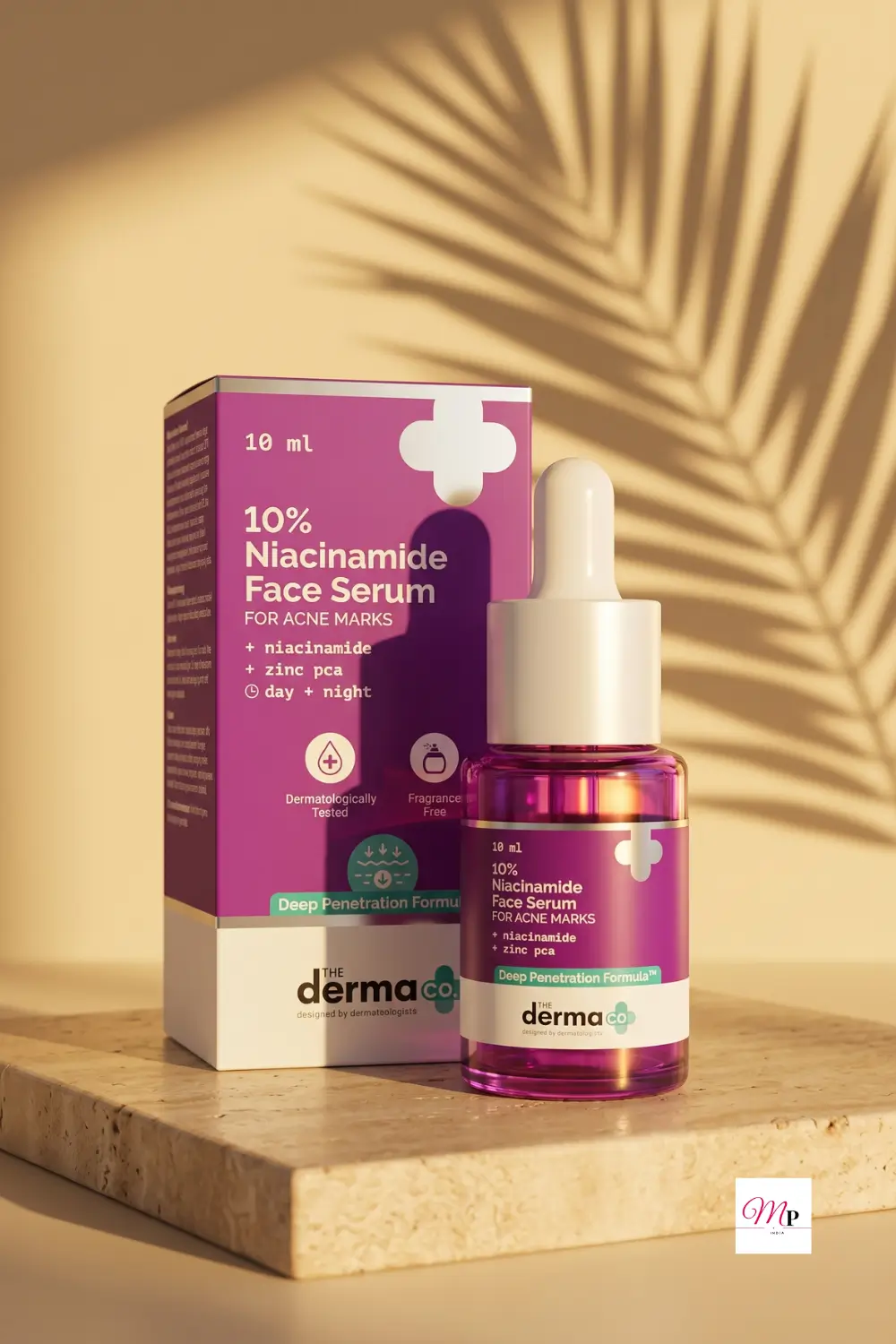 The Derma Co 10% Niacinamide Serum on travertine stone with golden palm leaf shadows