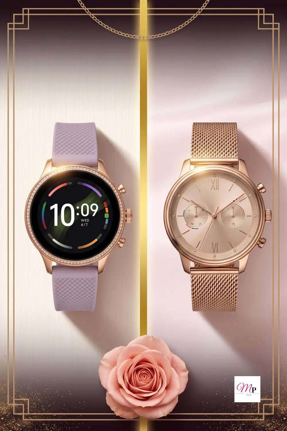 Tommy Hilfiger gold chronograph and Fossil Gen 6 smartwatch floating against festive bokeh lights ribbon confetti women watch comparison