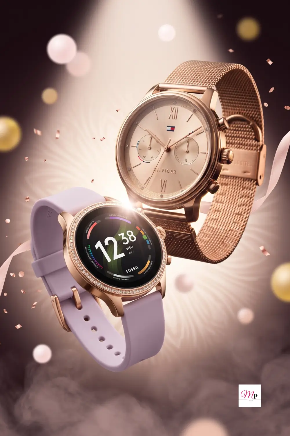 Split screen comparison Fossil Gen 6 purple smartwatch and Tommy Hilfiger rose gold chronograph mesh strap editorial women watch India