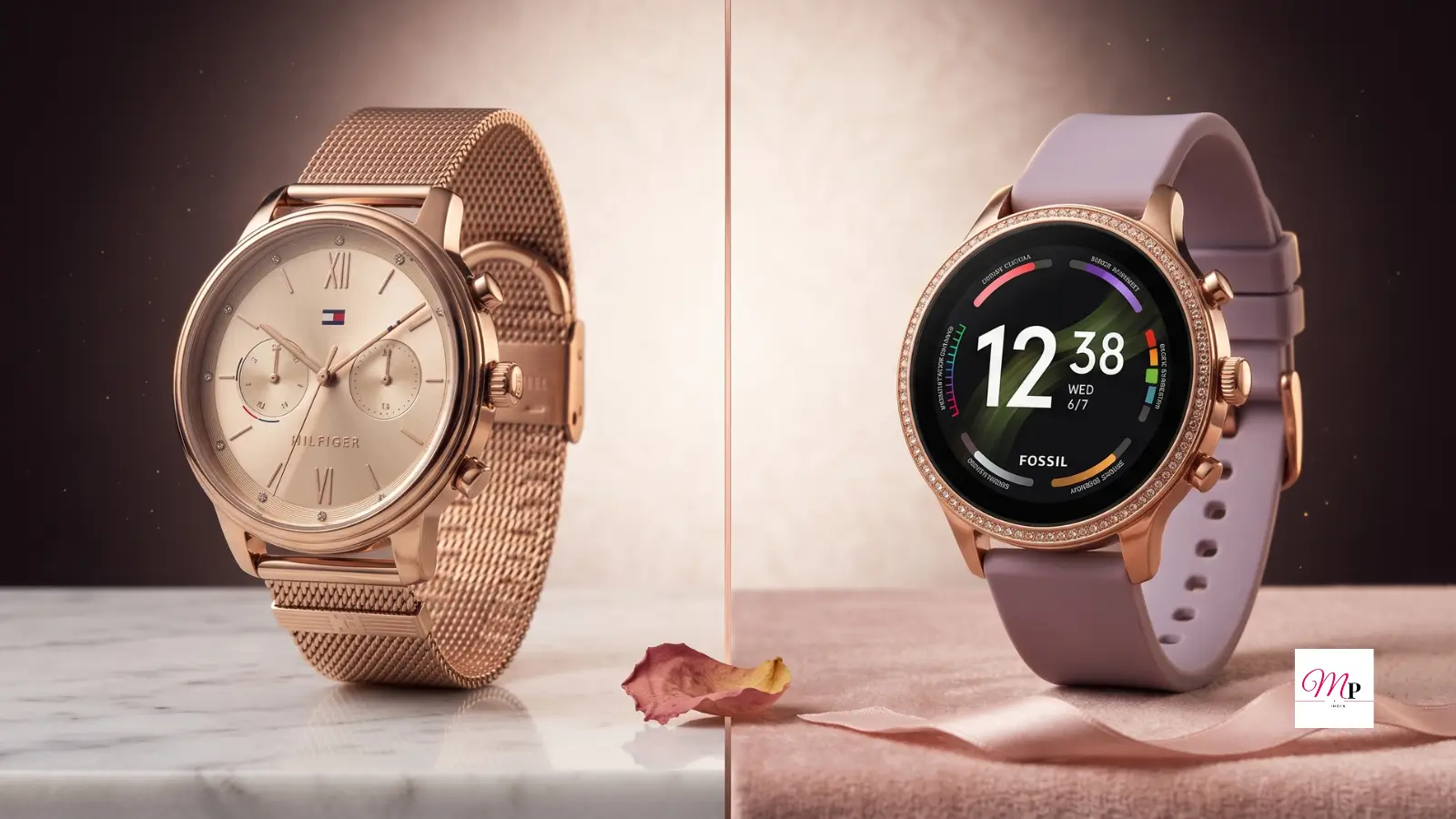 Tommy Hilfiger rose gold chronograph watch beside Fossil Gen 6 purple smartwatch with crystal bezel on marble and velvet surfaces, women watch comparison India
