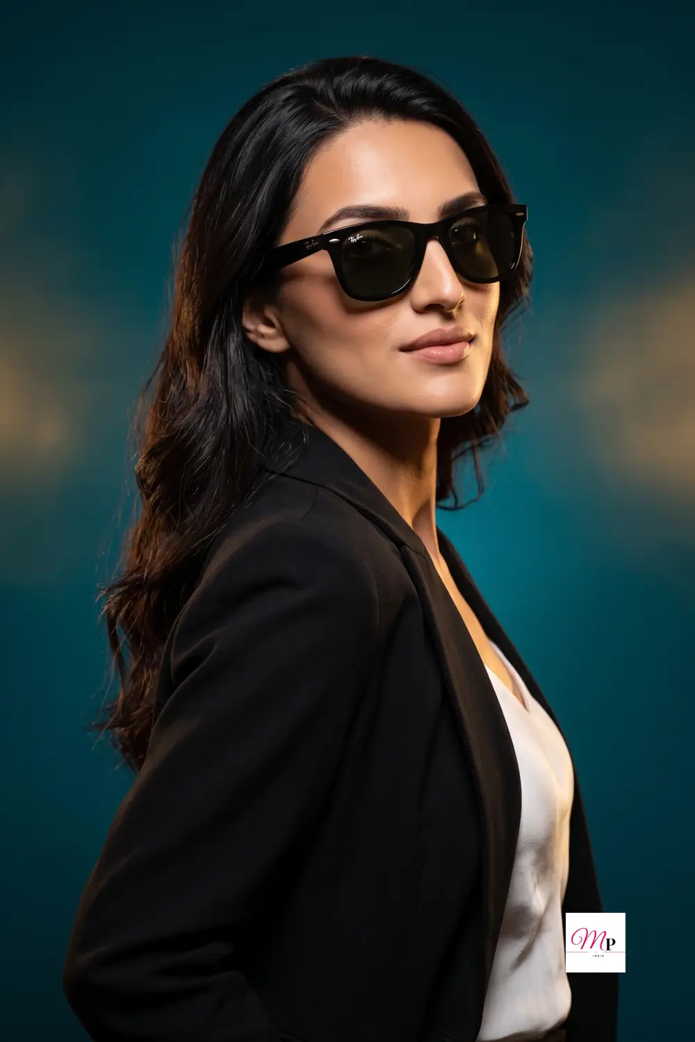 Professional office look with black Wayfarer style sunglasses and blazer for Indian working women