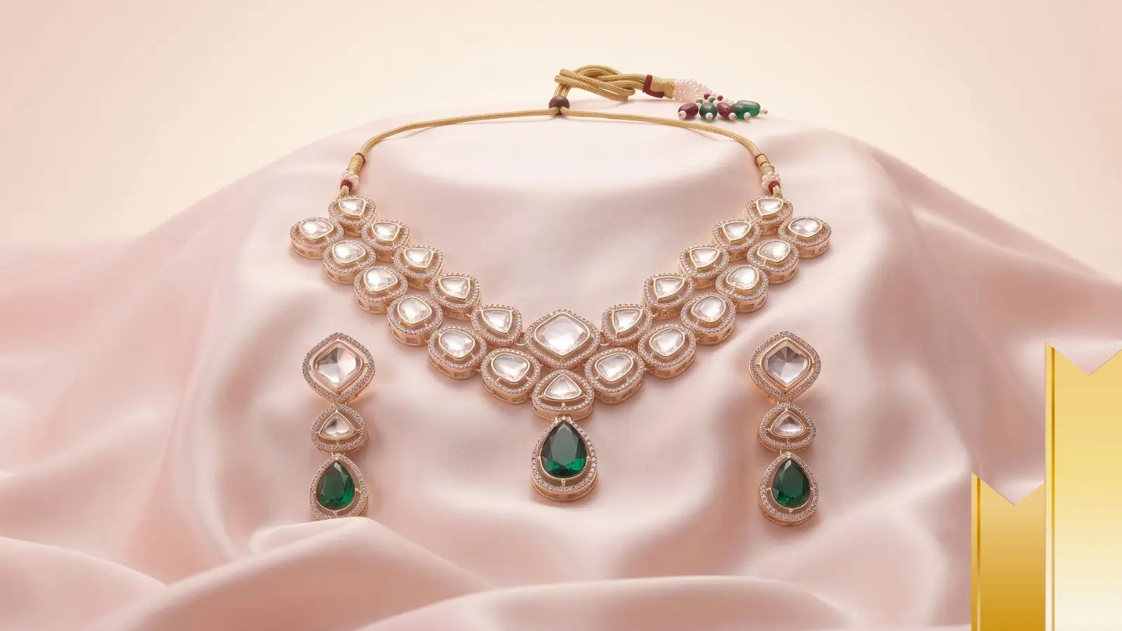 Zaveri Pearls gold plated Austrian diamond necklace set arranged on blush silk fabric with matching earrings