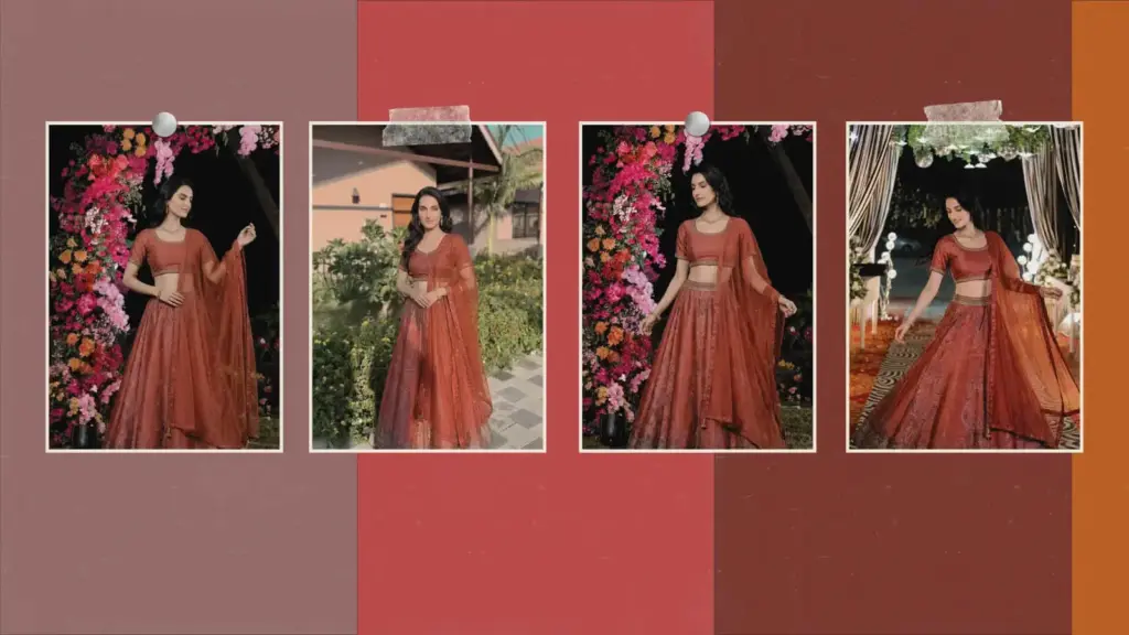 aarke ritu kumar lehenga moodboard with red printed choli, flared skirt and net dupatta styled across day and night shaadi settings