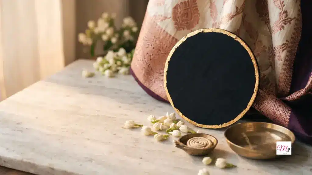Gold-rimmed dark silk disc on ivory Banarasi brocade with white jasmine — daily horoscope 11 September 2026 Amavasya new moon still life
