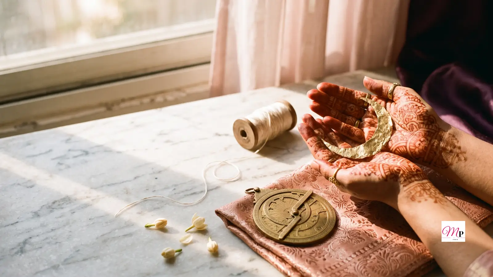Waxing crescent moon above ivory silk and brass — daily horoscope 12 september 2026 with Chandra Darshan's first crescent