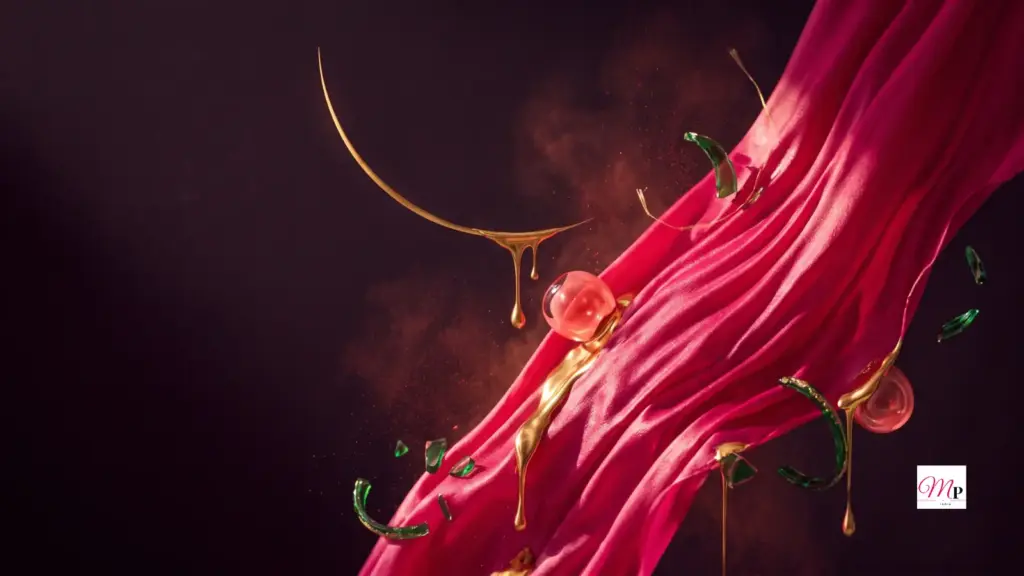Molten pink silk with a thin gold crescent moon and scattered green glass bangles — daily horoscope 13 september 2026