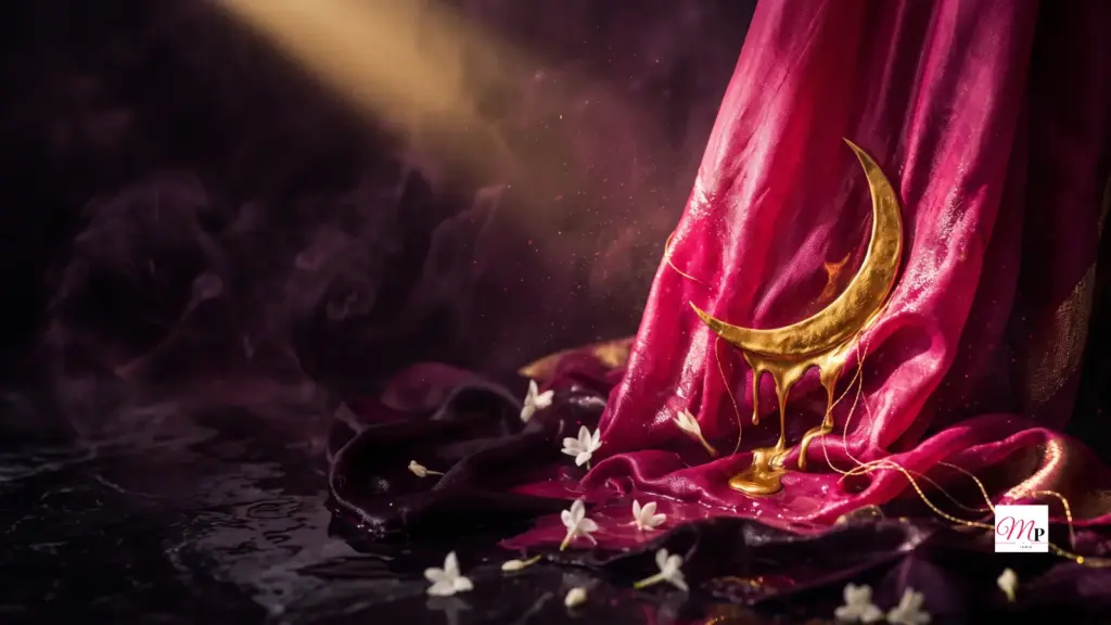 Abstract liquid patakha pink silk and deep aubergine smoke with a molten gold waxing crescent — daily horoscope 15 September 2026, Venus square Pluto on Rishi Panchami