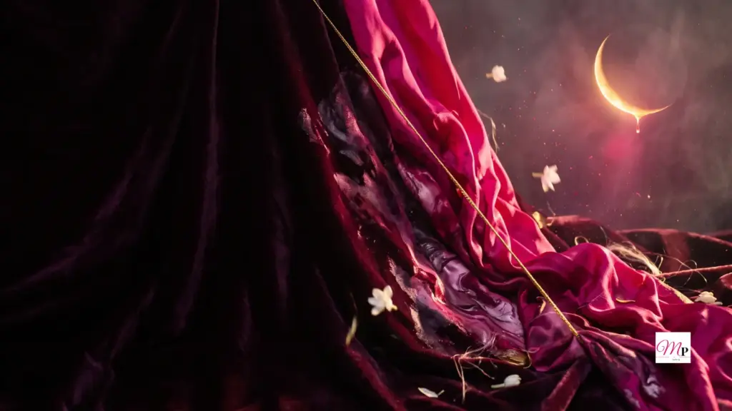Liquid magenta silk spilling over dark aubergine velvet in warm morning light — crescent Moon under a Venus–Pluto square for 16 September 2026 horoscope