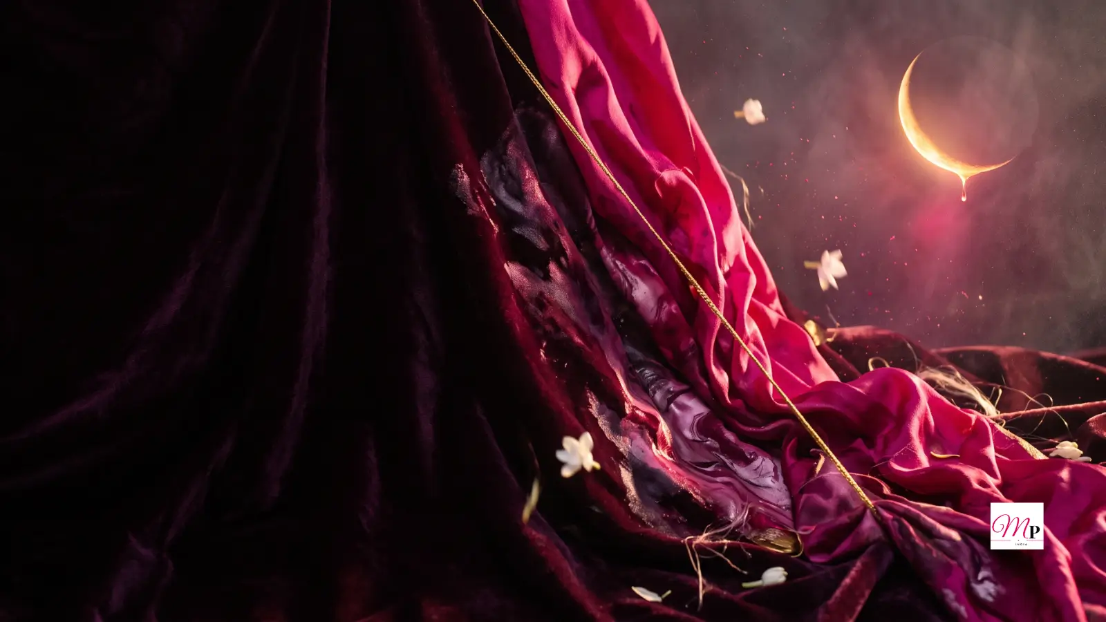 Liquid magenta silk spilling over dark aubergine velvet in warm morning light — crescent Moon under a Venus–Pluto square for 16 September 2026 horoscope