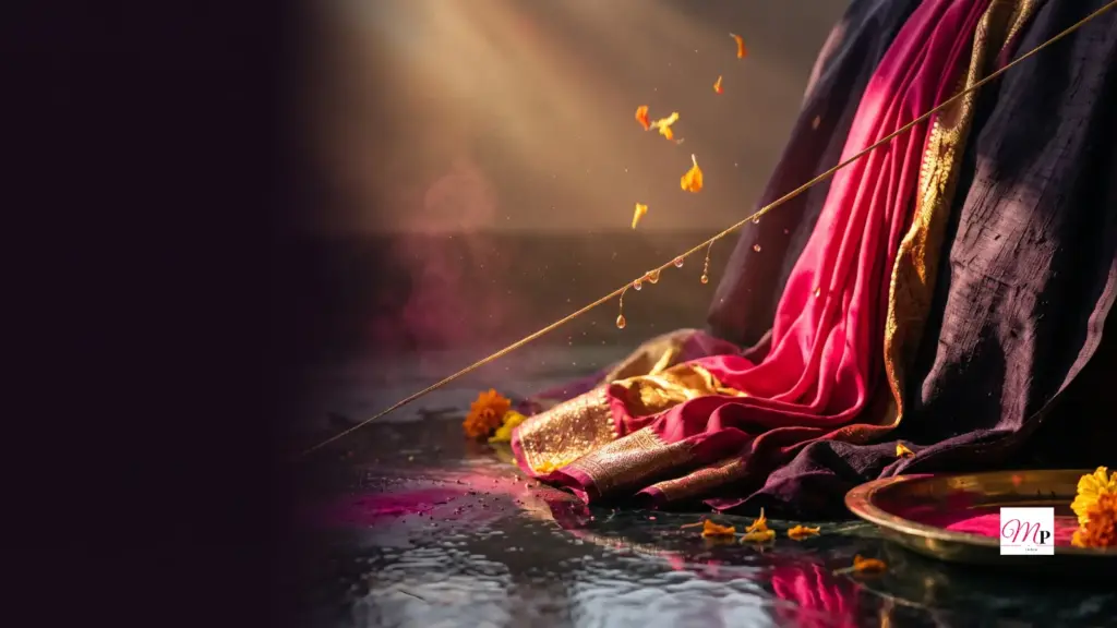 Molten pink silk pooling on aubergine fabric, gold zari thread arcing through warm light — waxing crescent Vishwakarma Puja horoscope for 17 September 2026
