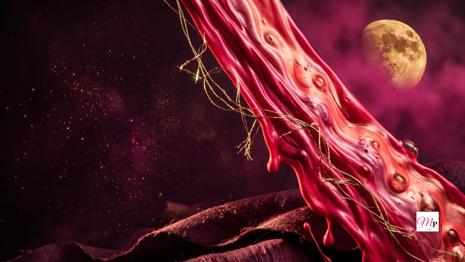 Molten pink liquid silk cascading past a burnished gold disc in deep aubergine shadow — daily horoscope 23 september 2026 under a waxing gibbous moon