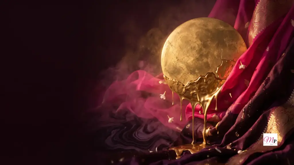 Waning Harvest Moon sinking through pink silk haze with molten gold rivulets — daily horoscope 27 September 2026, Pitrupaksha morning sky
