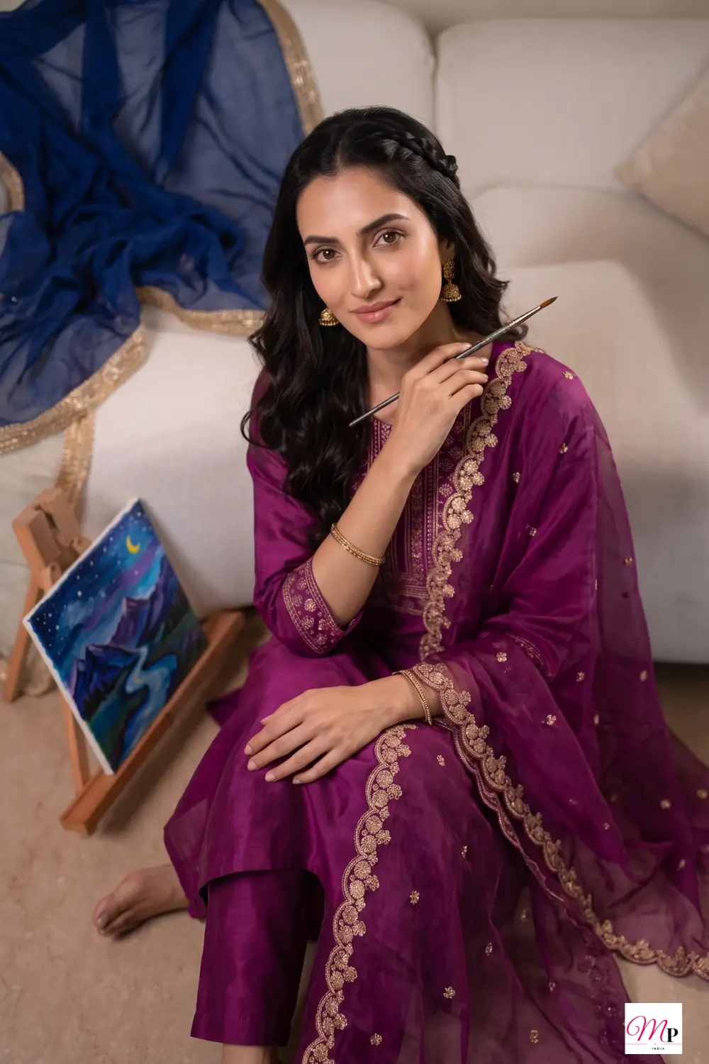 Seated studio portrait of Anouk magenta kurta set with gold zari embroidery and sheer dupatta — embroidered kurta set for women India