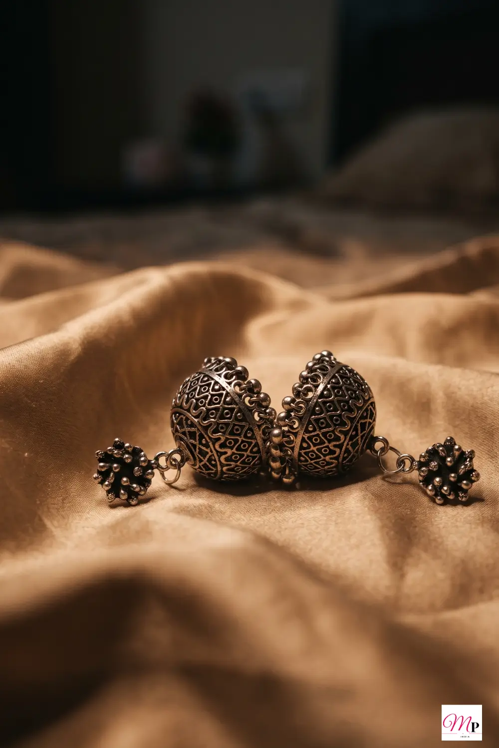 Rubans oxidised silver-plated filigree jhumka earrings with pearl stud detail for Ganesh Chaturthi — festive jhumka earrings for women India