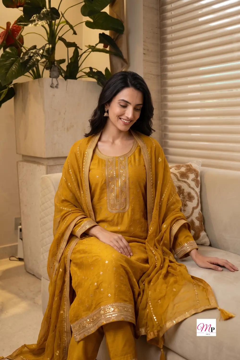 Seated candid of Libas mustard yellow embroidered kurta set with tassel dupatta drape — festive kurta set for women India