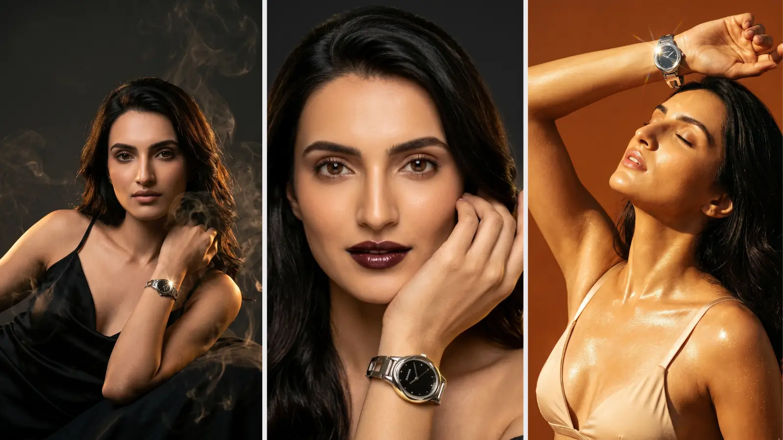 Woman wearing a Sonata analog black dial watch with silver bracelet — editorial three-panel portrait