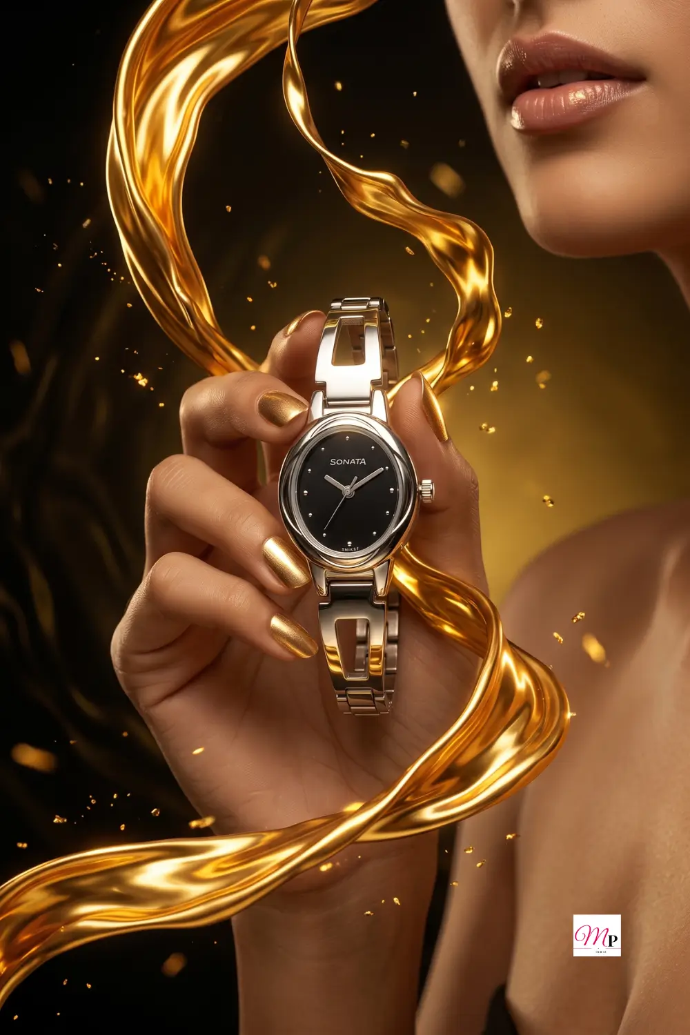 Close-up of Sonata black dial watch held in a woman's hand showing dial markers, crown and link bracelet
