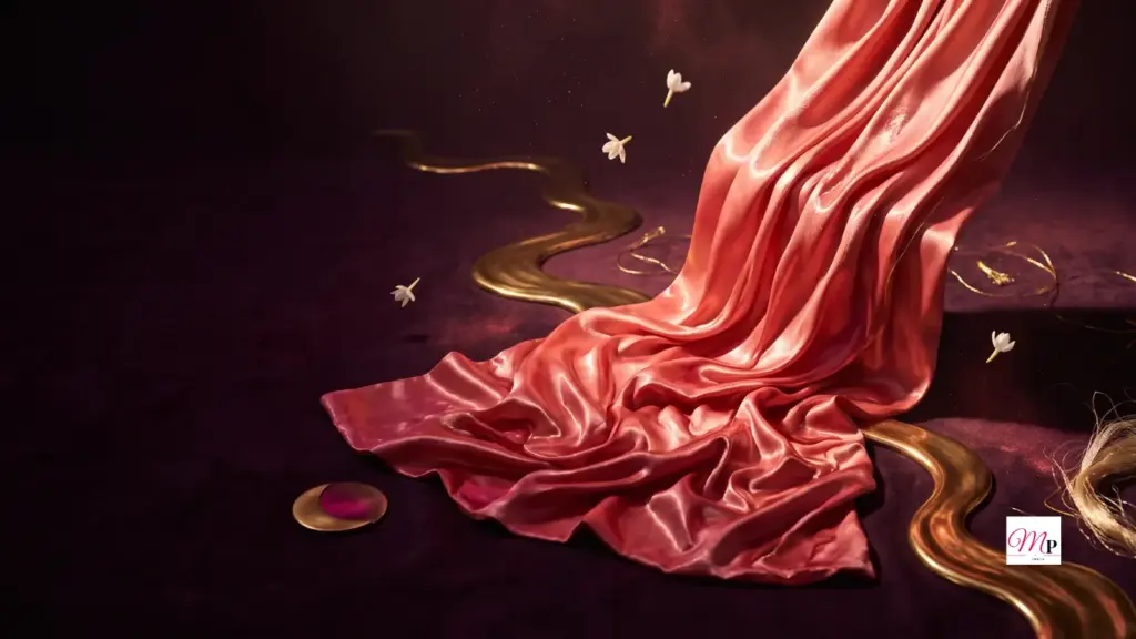 Molten rose-gold silk spilling across deep aubergine shadow with a small brass crescent disc — waning Cancer Moon mood, daily horoscope 4 october 2026