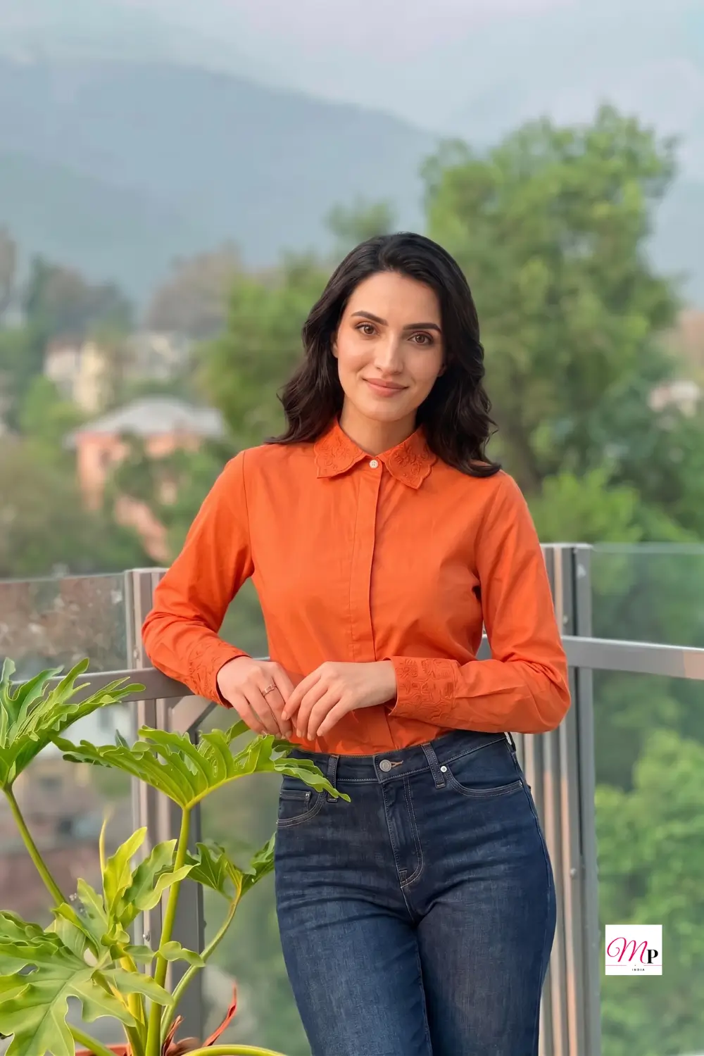 Allen Solly Woman red formal shirt with tonal embroidered collar and cuffs worn with dark jeans, balcony portrait — office ke liye formal shirt