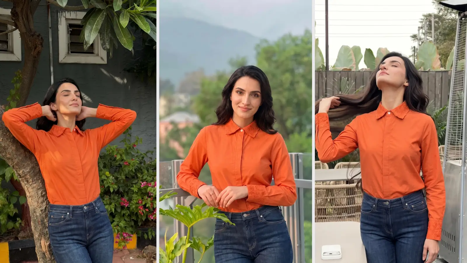 Allen Solly Woman red formal shirt styled three ways — tree, balcony, terrace