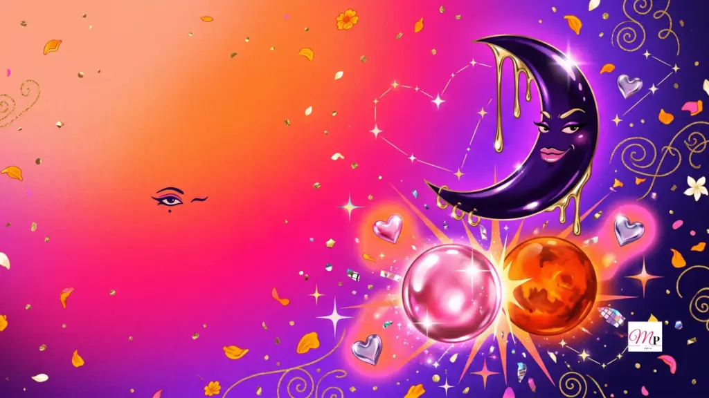 Glossy chrome-pink new moon crescent clashing with ember-orange Mars in a fuchsia festival sky — daily horoscope 10 october 2026