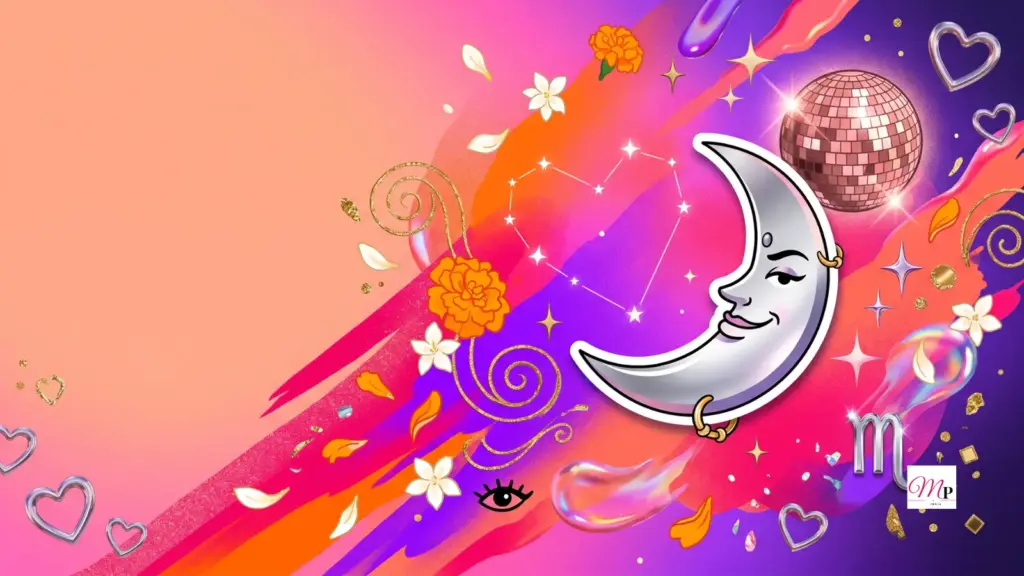 A smirking waxing crescent moon in chrome gold hoops floats in a fuchsia-violet sky — daily horoscope 12 october 2026, Navratri Day 2.
