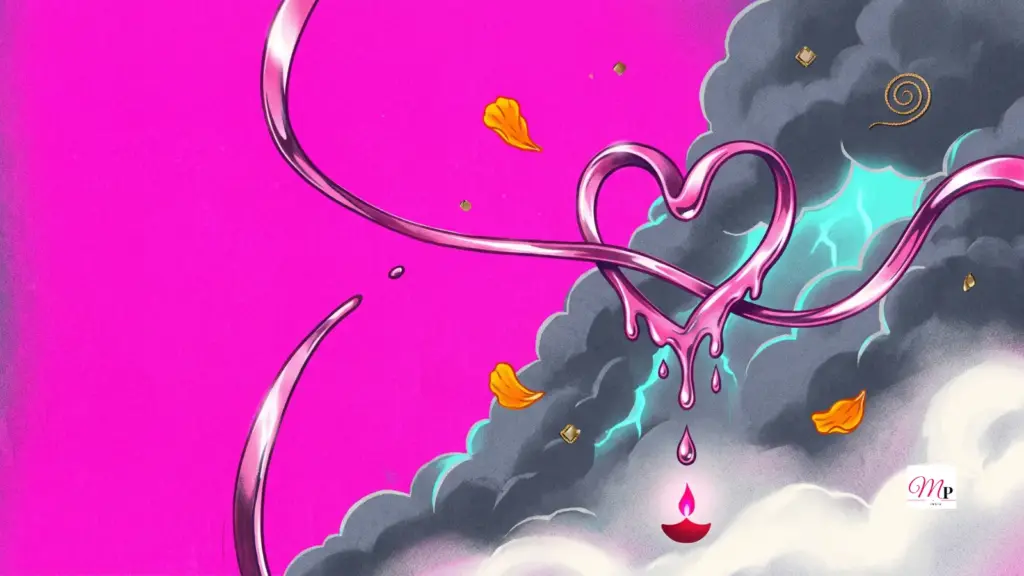 Magenta monsoon sky split on a diagonal seam, chrome-pink ribbon tying a melting heart above a tiny diya — daily horoscope 13 october 2026