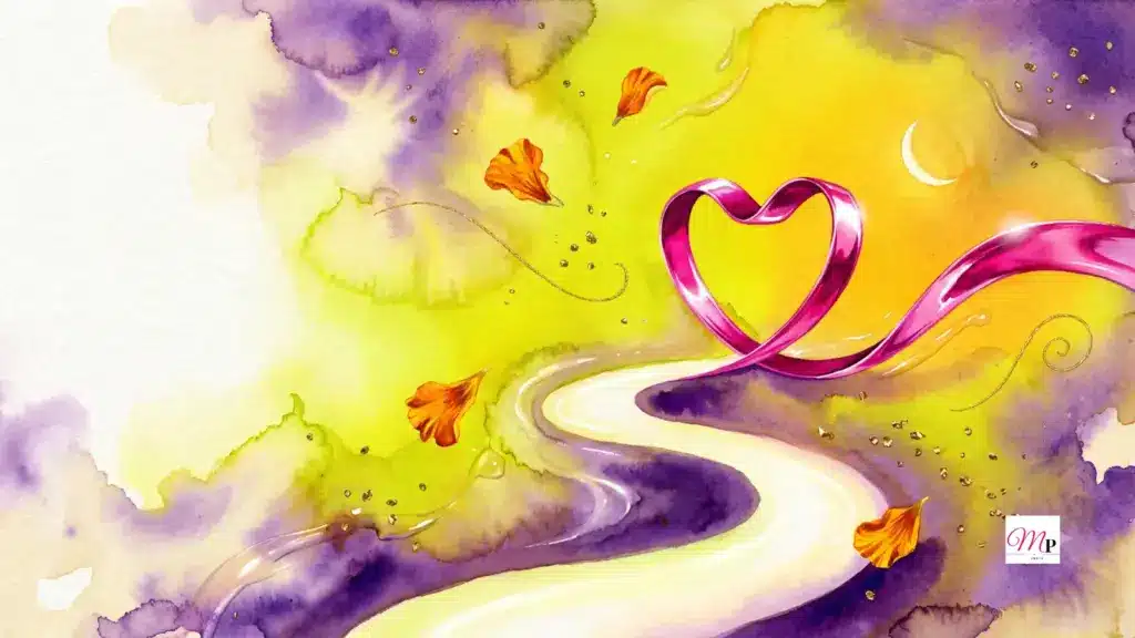 Watercolour cosmos in mango and violet: a chrome-pink ribbon loops into a heart for daily horoscope 14 october 2026, crescent Moon above