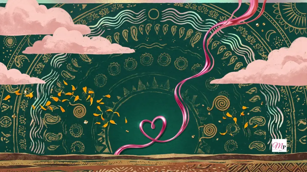 Carved block-print emerald sky with a chrome-pink heart ribbon spilling across it — daily horoscope 15 october 2026, Venus retrograde over Navratri night