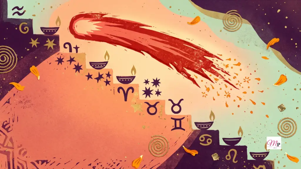 Block-print comet with a sindoor-red tail over a peach and aubergine sky — daily horoscope 17 October 2026, Mars trine Saturn