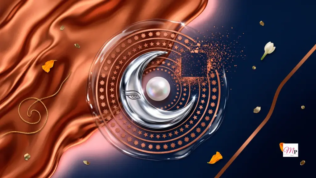 chrome half-moon cradling a pearl inside a copper mandala — daily horoscope 18 october 2026 first quarter Durga Ashtami