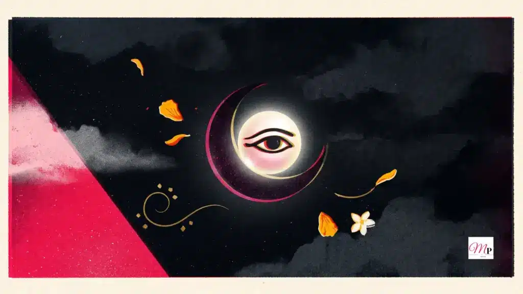 Retro riso-print crescent moon cradling a pearl over a ruby and ink-black split sky, daily horoscope 19 october 2026 Maha Navami