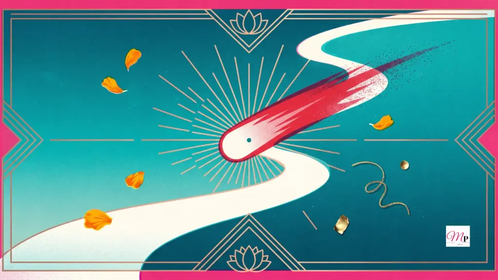 Art-deco riso illustration of a comet with a sindoor-red tail over a turquoise sky — daily horoscope 20 october 2026, Dussehra victory energy