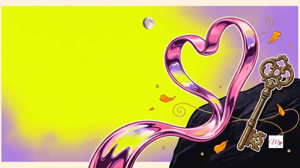 Chrome-pink heart ribbon spilling across a mango-neon sky — daily horoscope 23 october 2026, Venus cazimi night