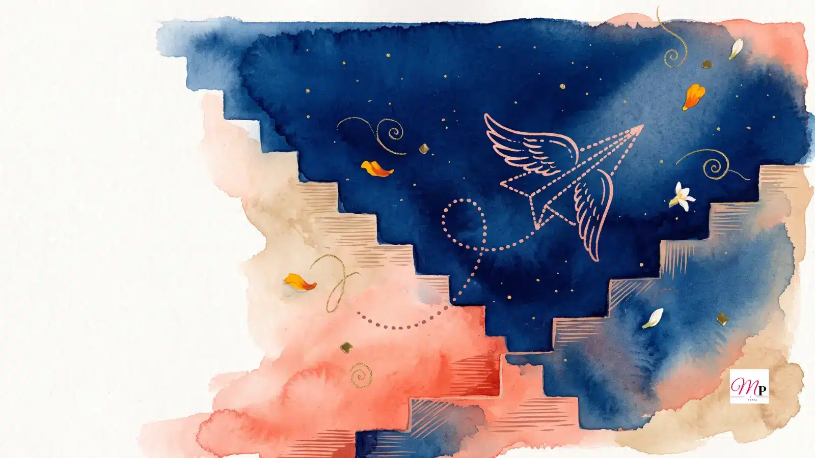 Winged paper-plane constellation reversing over a deep cobalt watercolour sky — daily horoscope 24 October 2026, Mercury retrograde in Scorpio
