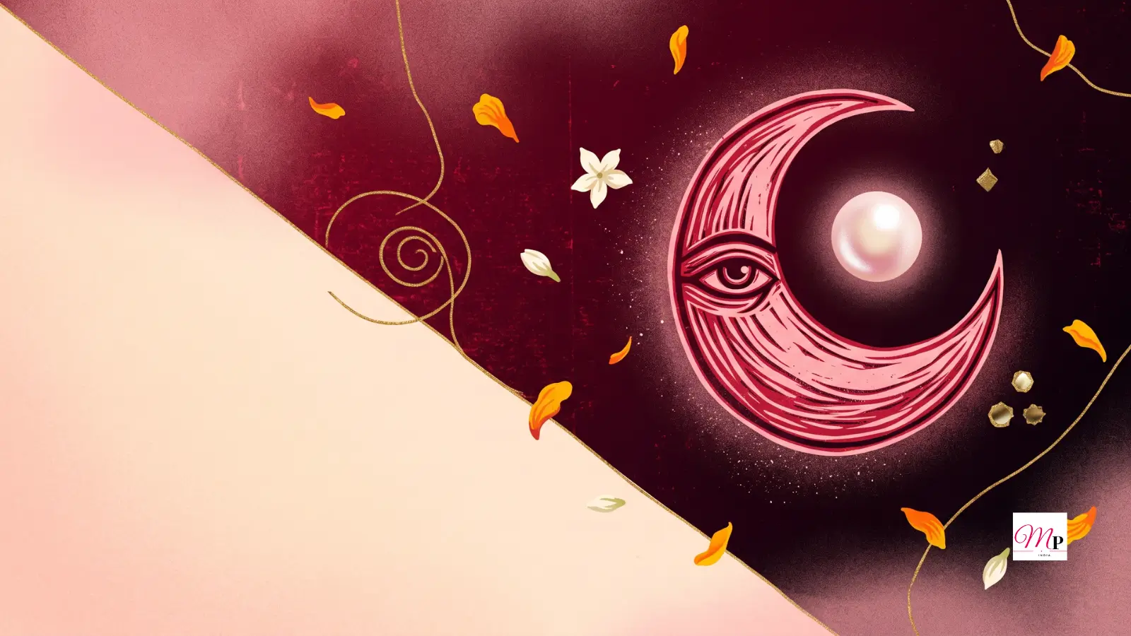 A block-print crimson full moon cradling a pearl over a split rose and ruby sky — daily horoscope 25 October 2026 Sharad Purnima night