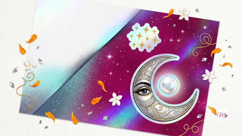 holographic sticker crescent moon cradling a pearl over a magenta and aqua split sky, daily horoscope 26 october 2026