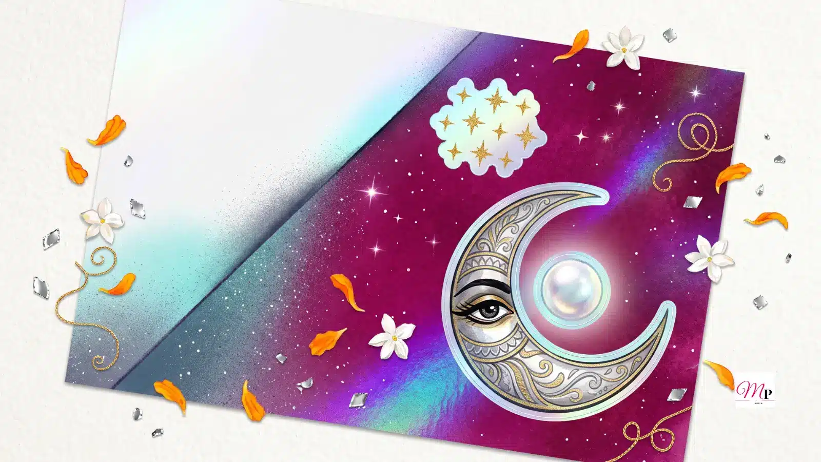 holographic sticker crescent moon cradling a pearl over a magenta and aqua split sky, daily horoscope 26 october 2026