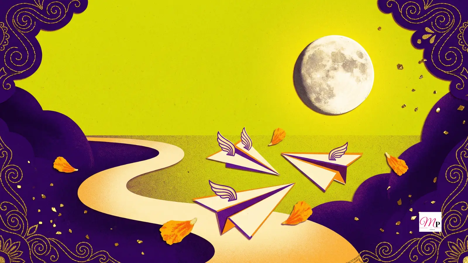 Screen-print sky in hot yellow-green, a winged paper-plane constellation aligning under a nearly full moon — daily horoscope 27 october 2026