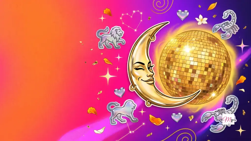 Chrome-gold waning crescent moon wearing hoops beside a disco-ball Jupiter in a pink-to-violet dusk sky — daily horoscope 8 october 2026