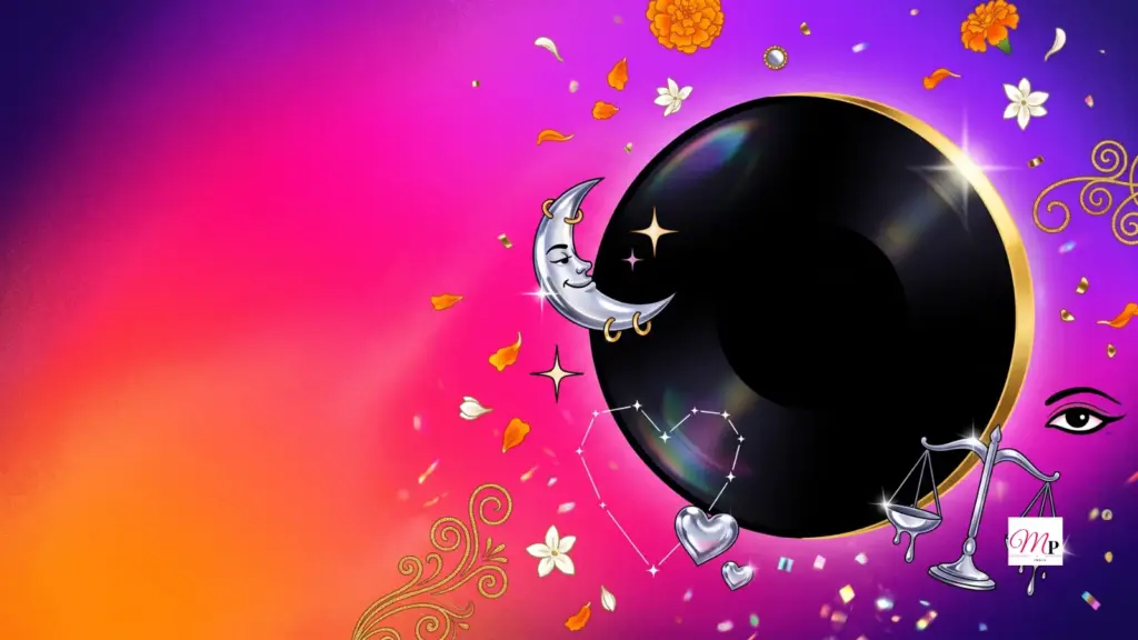 a near-dark amavasya crescent moon glowing gold above fuchsia festival clouds, daily horoscope 9 october 2026 sky