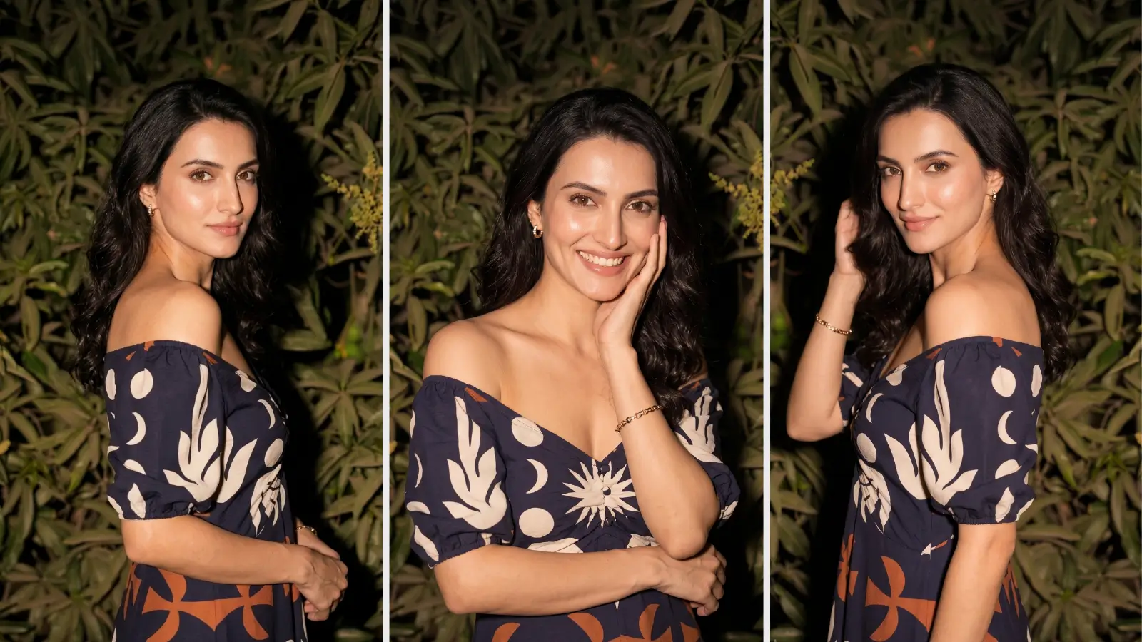 DressBerry printed crepe midi dress in navy sun-and-moon botanical print worn off-shoulder at night