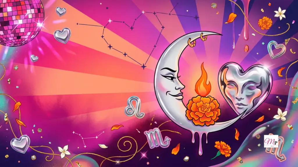 Waxing crescent moon with gold hoops over a kalash in a tangerine festival sky — navratri horoscope 11 october 2026